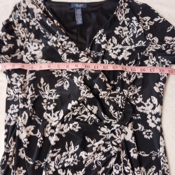 Chaps, Black & White Print Dress, Size XL, Flattering Ruching Detail, Stretch - Picture 8 of 12